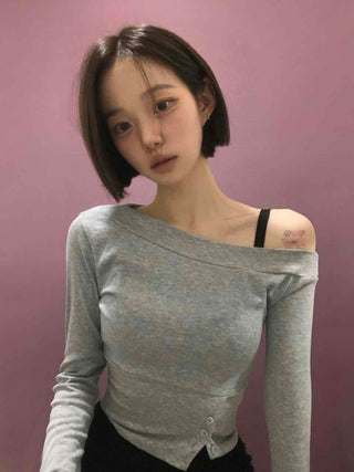 Front Slit Button Sexy Fit Crop Off-Shoulder Long Sleeve T-Shirt