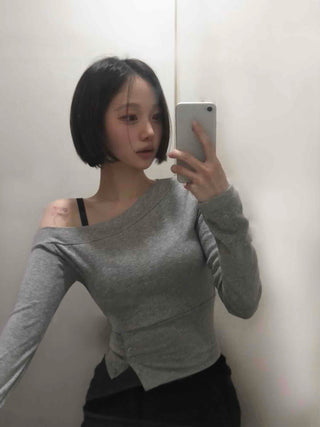 Front Slit Button Sexy Fit Crop Off-Shoulder Long Sleeve T-Shirt