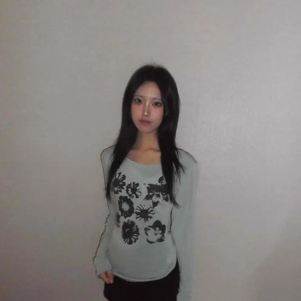 Pastel Printed U-Neck Long Sleeve Tee