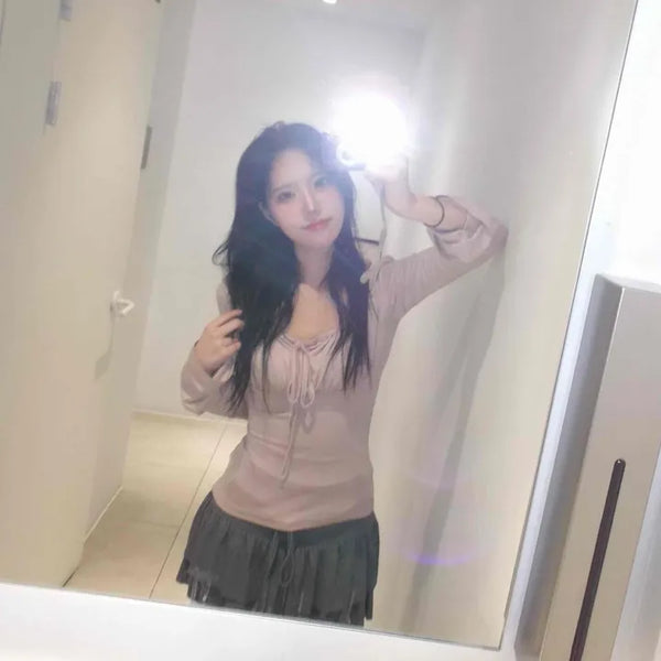 Romantic Shirred Square Neck Ribbon Long Sleeve Tee