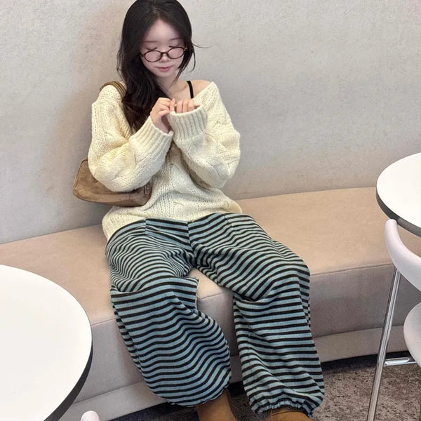 Navy Striped Elastic Waist Full Wide Long Pants