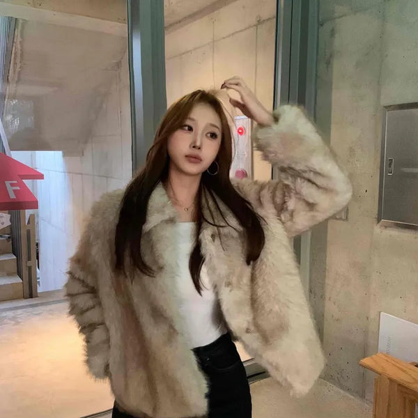 Rabbit Sleeve Frill Trimmed Faux Fur Jacket