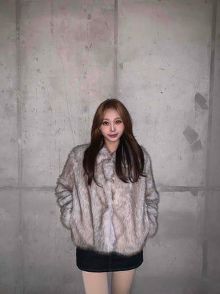 Rabbit Sleeve Frill Trimmed Faux Fur Jacket