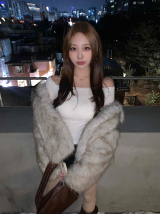 Rabbit Sleeve Frill Trimmed Faux Fur Jacket