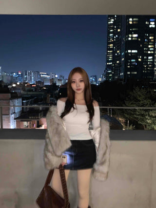 Rabbit Sleeve Frill Trimmed Faux Fur Jacket