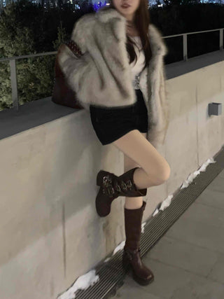 Rabbit Sleeve Frill Trimmed Faux Fur Jacket