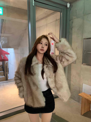 Rabbit Sleeve Frill Trimmed Faux Fur Jacket