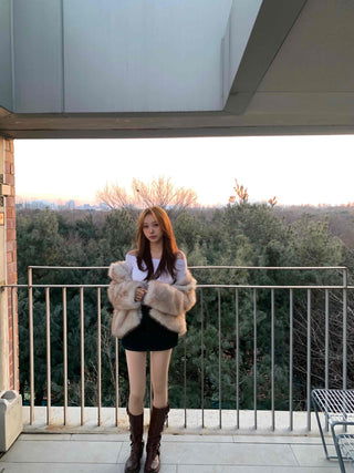 Rabbit Sleeve Frill Trimmed Faux Fur Jacket
