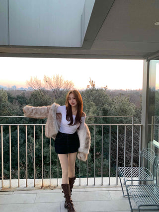 Rabbit Sleeve Frill Trimmed Faux Fur Jacket