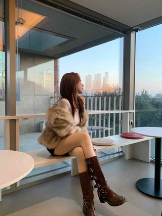 Rabbit Sleeve Frill Trimmed Faux Fur Jacket