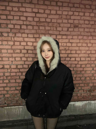 Shaggy Fur-Trimmed Collarless Cropped Bomber Jacket