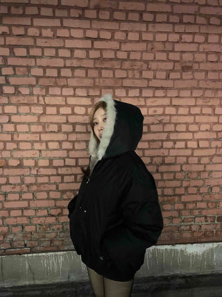 Shaggy Fur-Trimmed Collarless Cropped Bomber Jacket