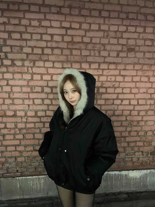 Shaggy Fur-Trimmed Collarless Cropped Bomber Jacket