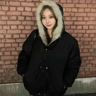Shaggy Fur-Trimmed Collarless Cropped Bomber Jacket