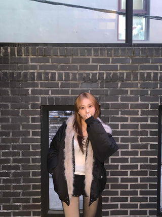 Shaggy Fur-Trimmed Collarless Cropped Bomber Jacket
