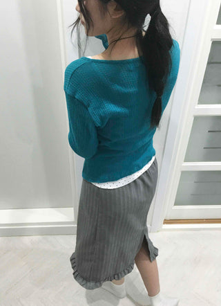 Unique Point Button Waist Shirred Pep Rum Knit Cardigan