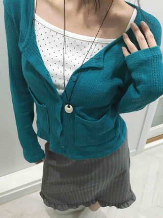 Unique Point Button Waist Shirred Pep Rum Knit Cardigan