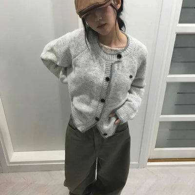 Minimal Melange Round Neck Slim Fit Crop Cardigan