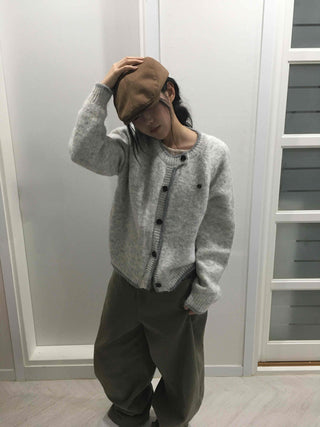 Minimal Melange Round Neck Slim Fit Crop Cardigan