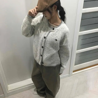 Minimal Melange Round Neck Slim Fit Crop Cardigan