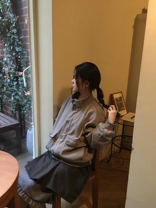 Layered Belt Cotton Drop Shoulder Blouson Jacket