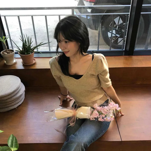 Wide low-rise semi-balloon denim long pants