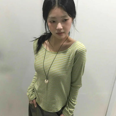 Fresh Border Shirred Sleeve Square Neck Long Sleeve T-shirt