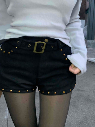 Rivet Detail High-Waisted Belted Mini Shorts