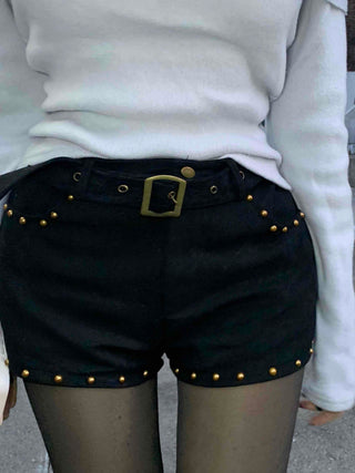 Rivet Detail High-Waisted Belted Mini Shorts