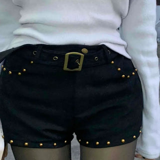 Rivet Detail High-Waisted Belted Mini Shorts