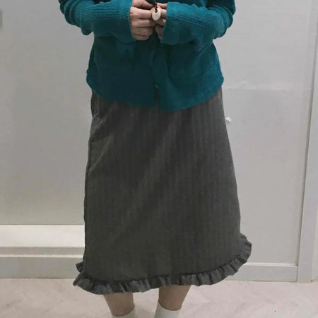 Linen Elastic Waist Ruffle Hem A-Line Midi Skirt