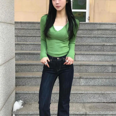 Ribbed V-Neck Slim Fit Long Sleeve T-Shirt