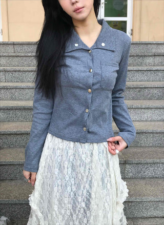 Feminine Western Stitch Crop Long Sleeve Shirt
