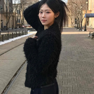 Shaggy Balloon Fit Voluminous Sleeve Crop Cardigan
