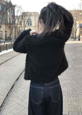 Shaggy Balloon Fit Voluminous Sleeve Crop Cardigan