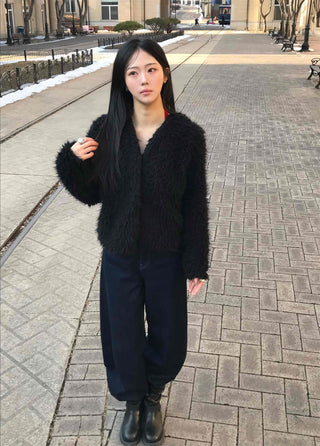 Shaggy Balloon Fit Voluminous Sleeve Crop Cardigan