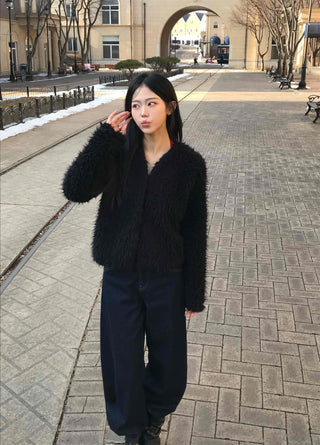 Shaggy Balloon Fit Voluminous Sleeve Crop Cardigan