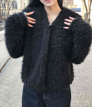 Shaggy Balloon Fit Voluminous Sleeve Crop Cardigan