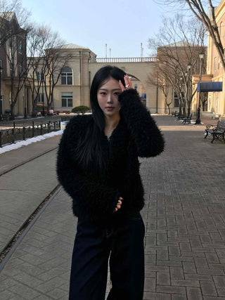 Shaggy Balloon Fit Voluminous Sleeve Crop Cardigan