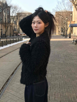 Shaggy Balloon Fit Voluminous Sleeve Crop Cardigan