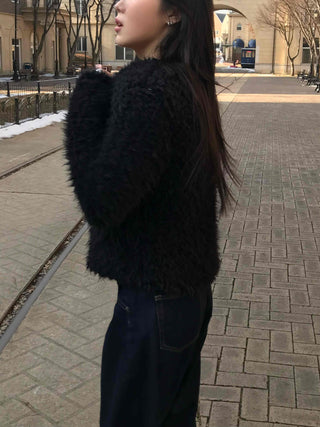 Shaggy Balloon Fit Voluminous Sleeve Crop Cardigan