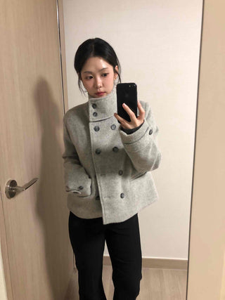 High-neck Side Pocket Melange Wool Double-button Coat