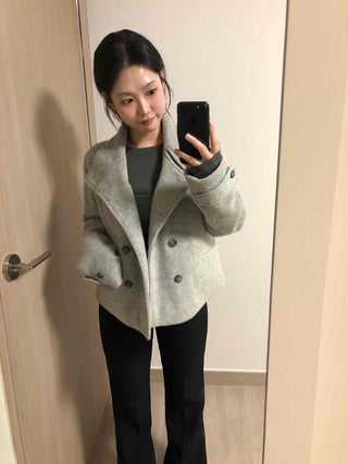 High-neck Side Pocket Melange Wool Double-button Coat