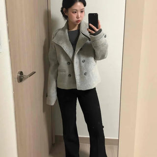 High-neck Side Pocket Melange Wool Double-button Coat