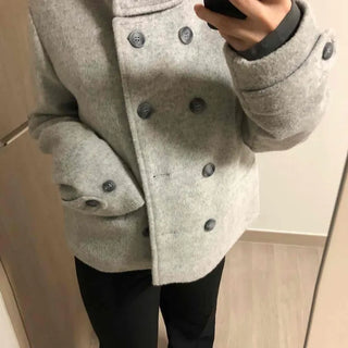 High-neck Side Pocket Melange Wool Double-button Coat