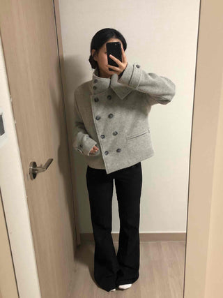 High-neck Side Pocket Melange Wool Double-button Coat