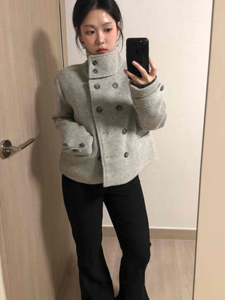 High-neck Side Pocket Melange Wool Double-button Coat