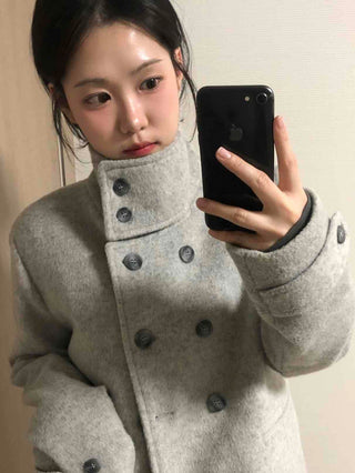 High-neck Side Pocket Melange Wool Double-button Coat