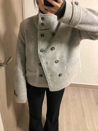 High-neck Side Pocket Melange Wool Double-button Coat