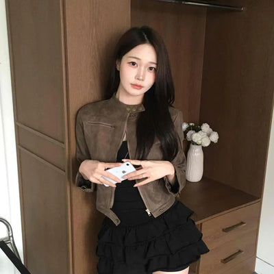 Motor China Crop Suede Rider Jacket